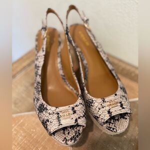 Coach Ferry Wedge Sandals 7.5 Snakeskin Slingback Heel Peep Toe Leather Designer
